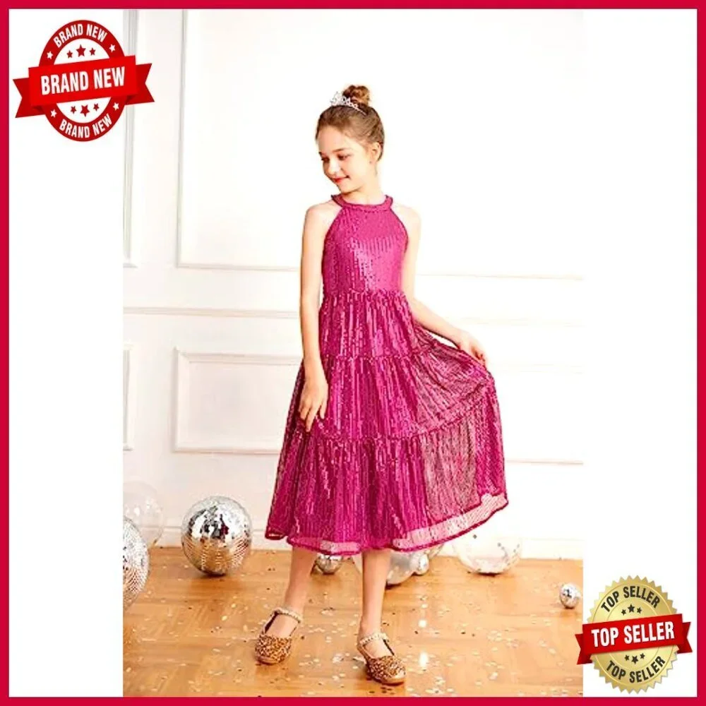 Sequin Maxi Dress Elegant Formal Party Wear Girls Long Dress with Satin
